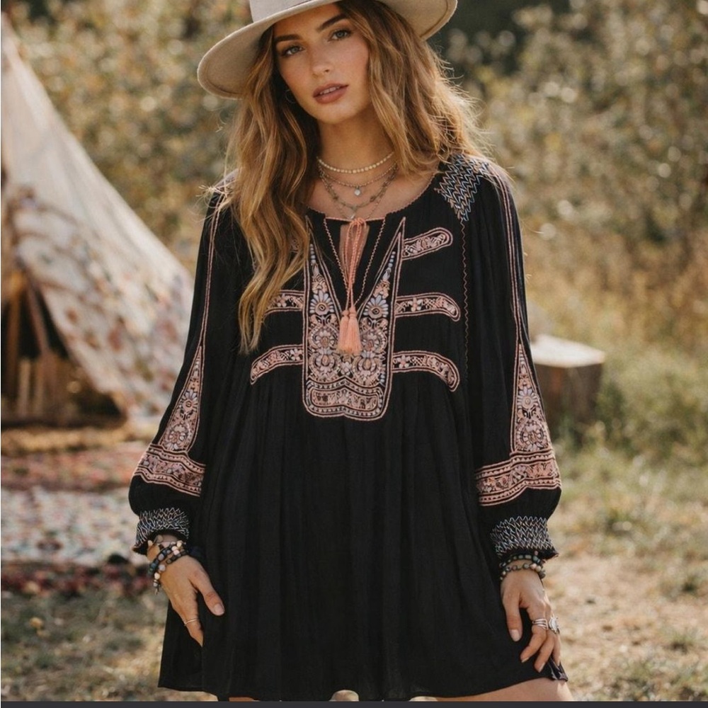 Free People Wind Willow embroidered peasant mini dress in black Boho Whimsical